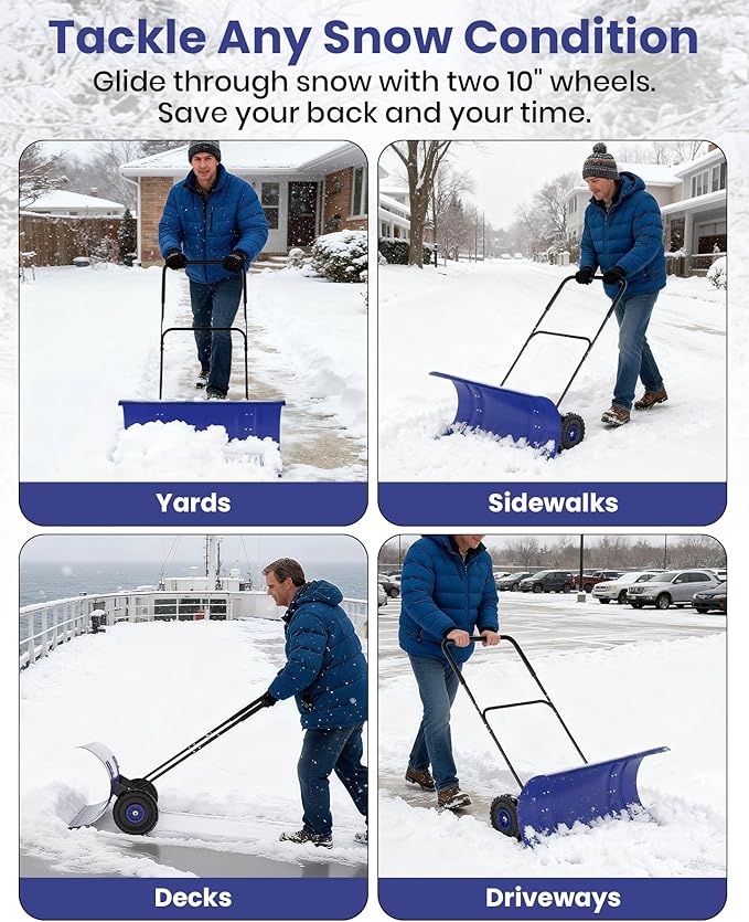 Snow Pusher with Wheels for Driveway, 36" Wide Heavy Duty Steel Blade, 2-Position Height Adjustment & 60° Tilt Handle, Ergonomic Push Snow Shovel with Ground Protection for Effortless Snow Removal