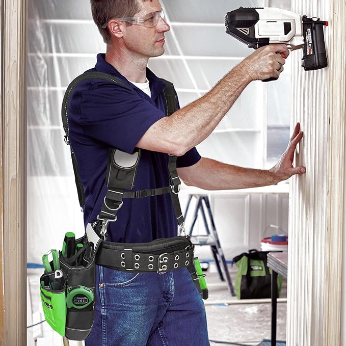 Tool Belt with Suspenders for Men, Heavy Duty Construction Tool Belt with 32 Pockets, 1680D Material, Reflective Strips for Safety, HVAC Toolbelt for Men