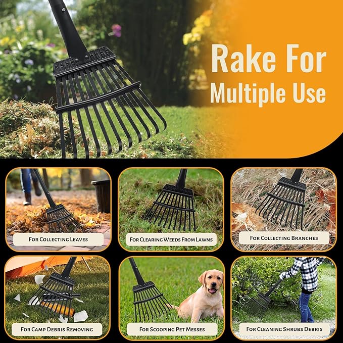 Small Garden Rake for Leaves,11 Tines Heavy Duty Metal Yard Hand Rake with 63in Adjustable Handle,Ideal Leaf Scoops Gardening Tool for Gathering Leaves,Shrub,Poop,Leveling Grass,Garden Flower Bed,Yard