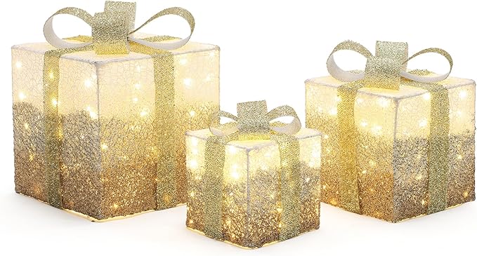 LuxenHome Set of 3 Lighted Gift Boxes, Plug-in White Crackle with Glitter Ribbon Bow Boxes with Timer Holiday Display, Lawn, Porch, Under Tree Indoor, Outdoor Christmas Decoration