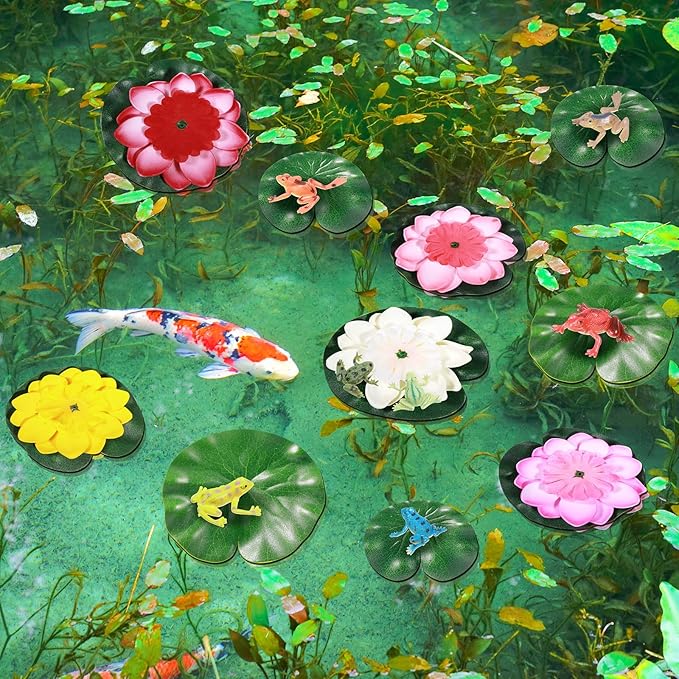 22 Pcs Water Lily for Ponds Plastic Frog Figures Set, Include 12 Plastic Frogs and 5 Floating Lotus 5 Water Lily Artificial Pond Plants for Garden Home Decor Party Favor