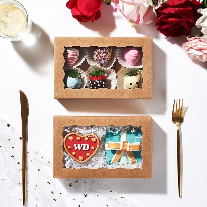 100pcs 7x4.33x1.5 Inch Brown Bakery Boxes with Window Cookies Boxes Chocolate Truffle Boxes Macaron Boxes Cakesickle Boxes Browines Treat Boxes for Christmas Valentine's Easter Mother's Day