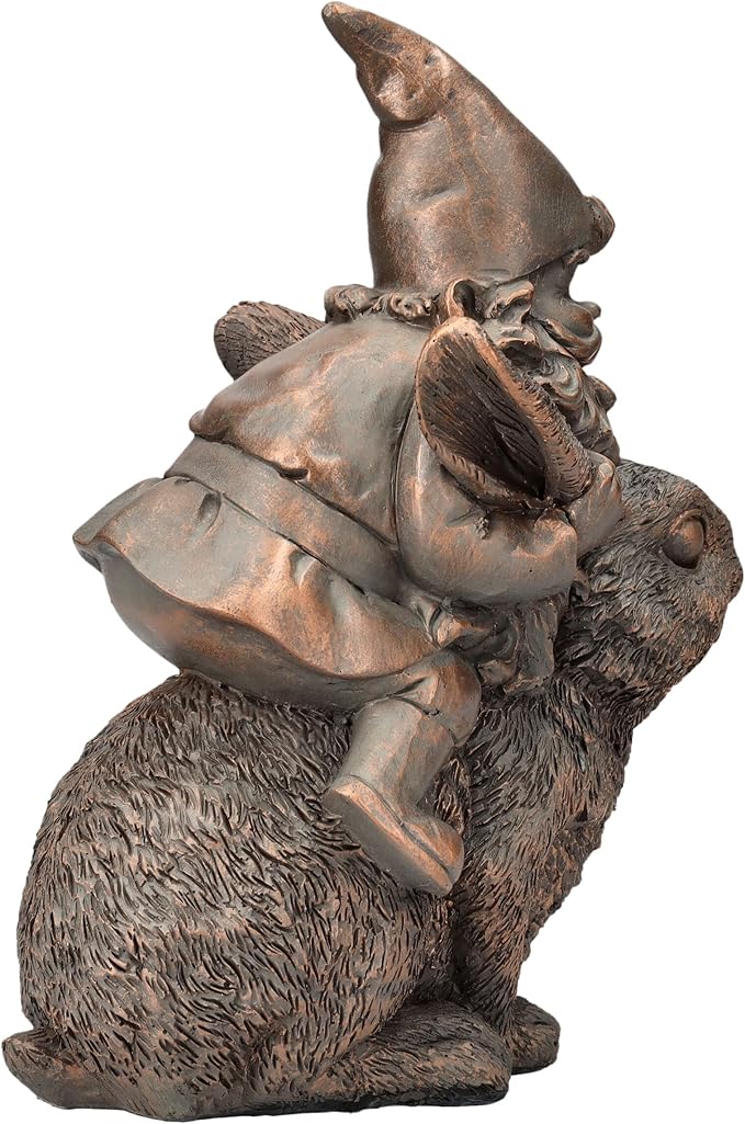 Pacific Giftware Bronze Gnome on Bunny Figurine, 8.07-inch Height, Gold Cast Broze, Table Decoration