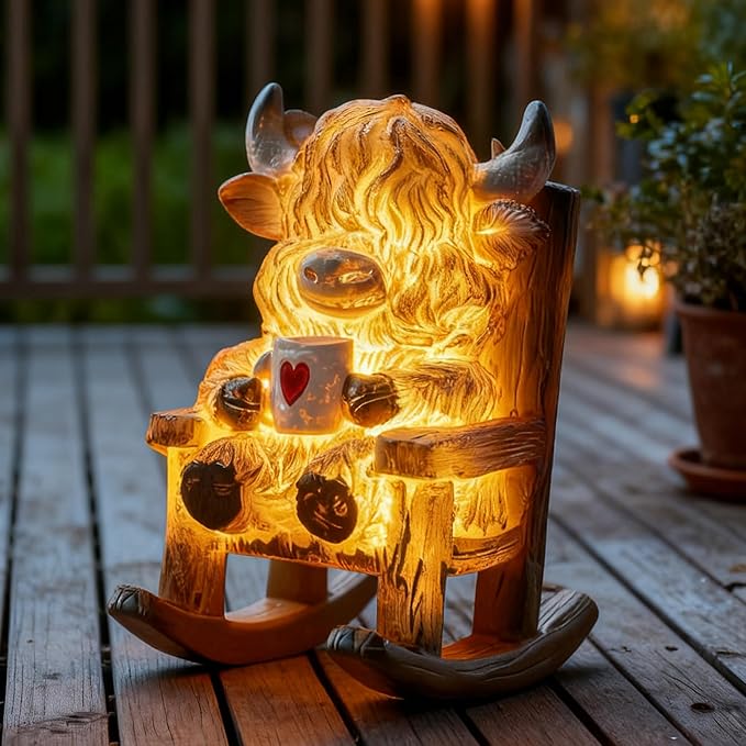 Light Up Highland Cow Figurines Garden Decor, Solar Powered Resin Scottish Highland Cow Sitting on Chair Statue, Cute Centerpiece Figurine Decoration for Garden Patio Gifts
