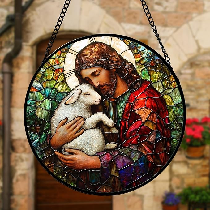 Stained Glass Window Hanging, Jesus Little Lamb Sun Catchers Colorful Glass Panel Christianity Suncatcher Decor for Birthday for Women, Men, Wife, Aunt, and Mom 6.3 in