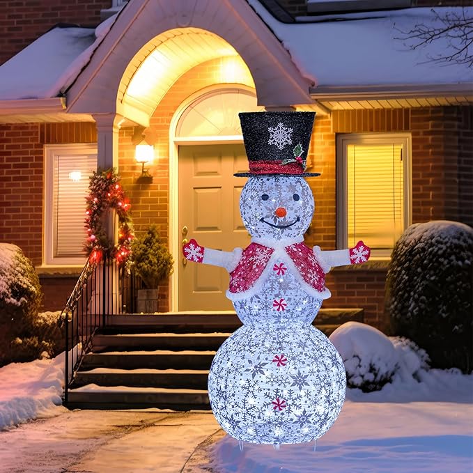 4FT Lighted Snowman Outdoor Christmas Decoration, Collapsible Snowman with Red Scarf and Vest and Top Hat, Pre-Lit Pop Up Snowman for Indoor/Outside Yard (Red)