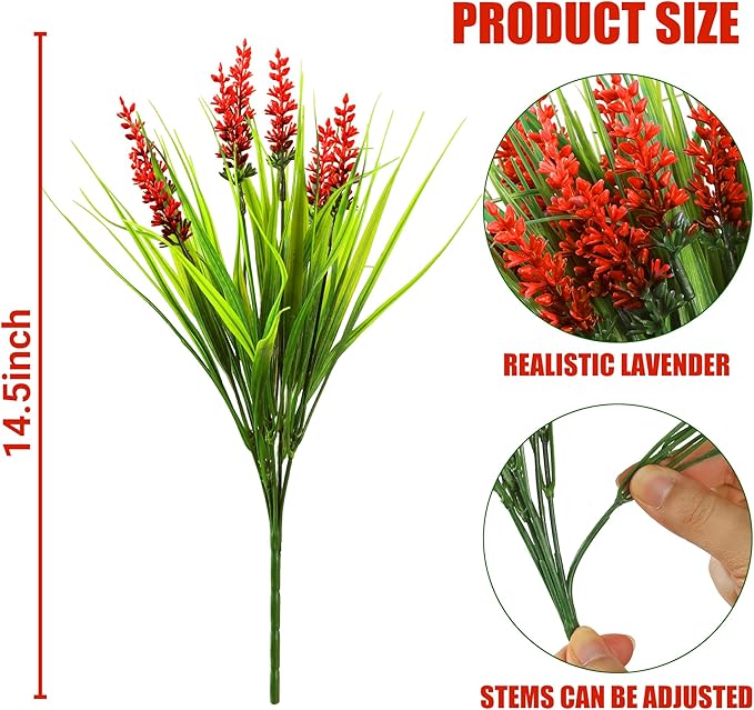 Sggvecsy 24 Bundles Artificial Plants Outdoor Faux Lavender Flowers Fake Monkey Grass UV Resistant Plastic Greenery Plants for Garden Home Porch Window Patio Hanging Planter Indoor Decor (Red)