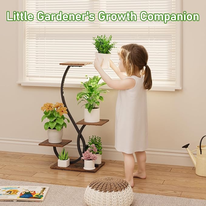 Plant Stand Indoor with Grow Lights - S-Shaped Plant Shelf, Lighted Corner Plant Stands for Indoor Growing, 32" Metal Flower Holder, 4 Tiered Decorative Shelves for Home, Hallway, Black