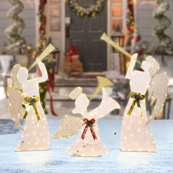 Christmas Outdoor Decorations Lighted Angel Family Set of 3 Christmas Warm Lights Outside Decor 5FT Angel with Trumpet, Outdoor Holiday Decorations for Home, Yard, Garden, Party