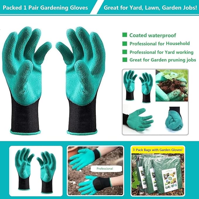 Standard 3-Pack 16 Gallons Yard Garden Bags (D18,H15 inch) W/Gardening Gloves, Reusable Leaf Bags,Grass Clippings,Lawn Debris Bag,Laundry Container,Patio Trash Bin,Weeds Bag,Yard Waste Bags 4 handles