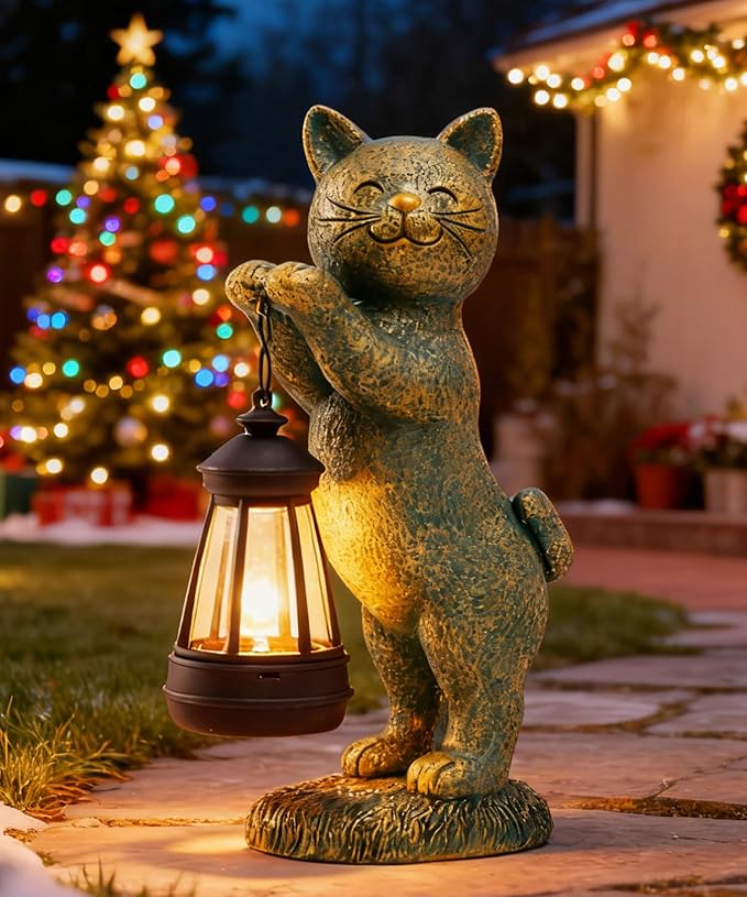 Nacome Christmas Cat Outdoor Statues for Garden: Outside Decor with Lantern Clearance for Yard Art Lawn Ornaments Porch Patio Balcony - Birthday Gifts for Grandma Mom Women