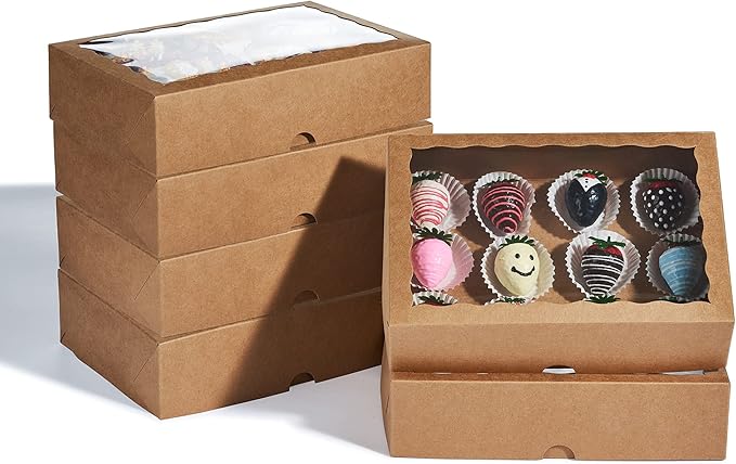 4PCS 10 x 7 x 2.5 inches Premium Cookies Boxes, Strawberries Boxes with Clear Window, Brown Natural Brown Paper Box