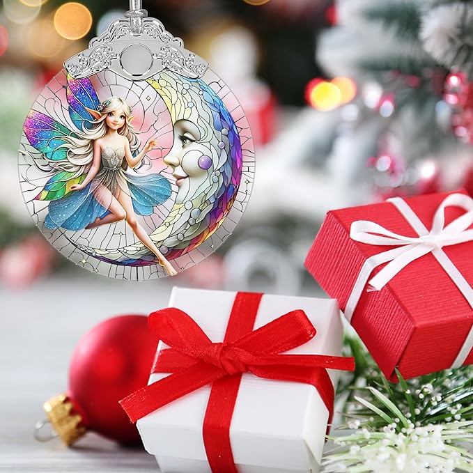 Moon and Fairy Christmas Ornament - Stained Glass Hanging Decor - Tree Decoration - Gifts for Women, Her, Mom