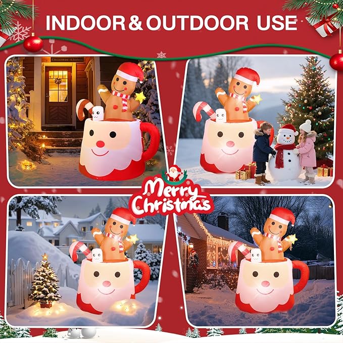 6FT Gingerbread Christmas Inflatables Decorations Outdoor,Blow Up Christmas Decoration Gingerbread Man Mug with Built-in LEDs Lights for Indoor Holiday Party Yard Garden Lawn Décor
