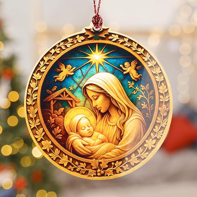 Nativity Mary and Baby Jesus Ornament – Nativity Ornament – Religious Gifts – Christian Decor – Christmas Ornament – Suncatcher Effect Stained Glass Window Hanging – Car Hanging