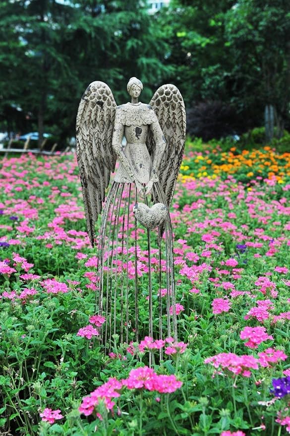 Antiqued Metal Garden Angel Statue with Heart, Indoor Outdoor Angel Yard Art Decor Lawn Patio Decorations Holiday Decor Garden Gift Idea, 32’’H (Heart)