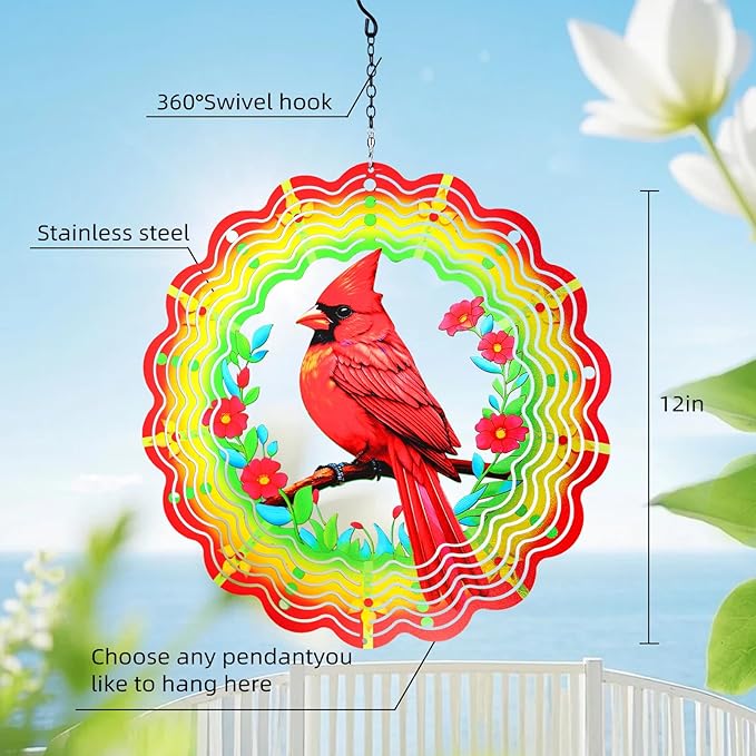 Metal Wind Spinners Outdoor,Cardinal Hanging Wind Spinner Gifts for Women Men,12 inch 3D Stainless Steel Wind Catchers Kinetic Sculpture for Garden Decor,Outside,Yard,Patio,Backyard,Porch Decoration