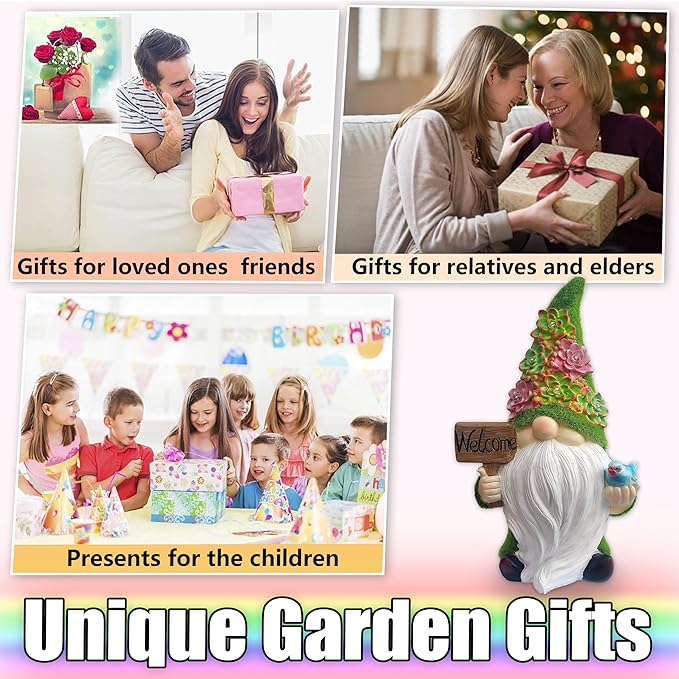 Gnome Garden Decor Statue Solar Gnomes Decorations for Yard with Succulent and 6 LED Lights Outdoor Figurines Light,Lawn Decor for Patio, Balcony, Yard Ornament - Unique Housewarming Gifts