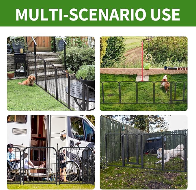 Decorative Garden Metal Fence 15.7ft (L)×24in (H) with 7 Panels 1 Gate Outdoor, No Dig Rustproof Wire, Animal Barrier Fencing for Outdoor Yard Patio Flower Bed,(Black-Silver)