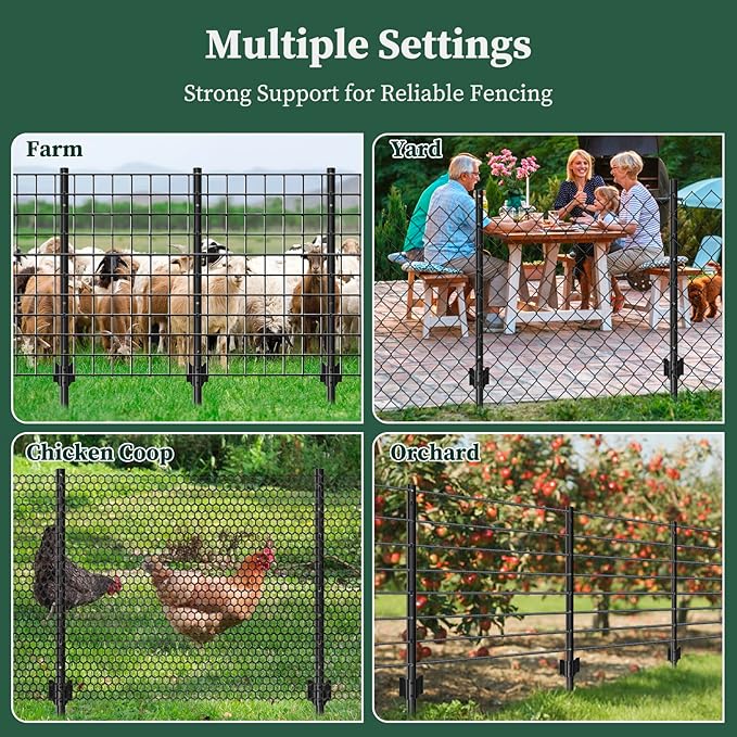 20 Pack Metal Fence Posts, 4ft Heavy Duty U-Post, Black Garden Stakes, No-Dig Post Anchors for Wire Fences, Temporary Fencing, Electric Fence, and Corner Support