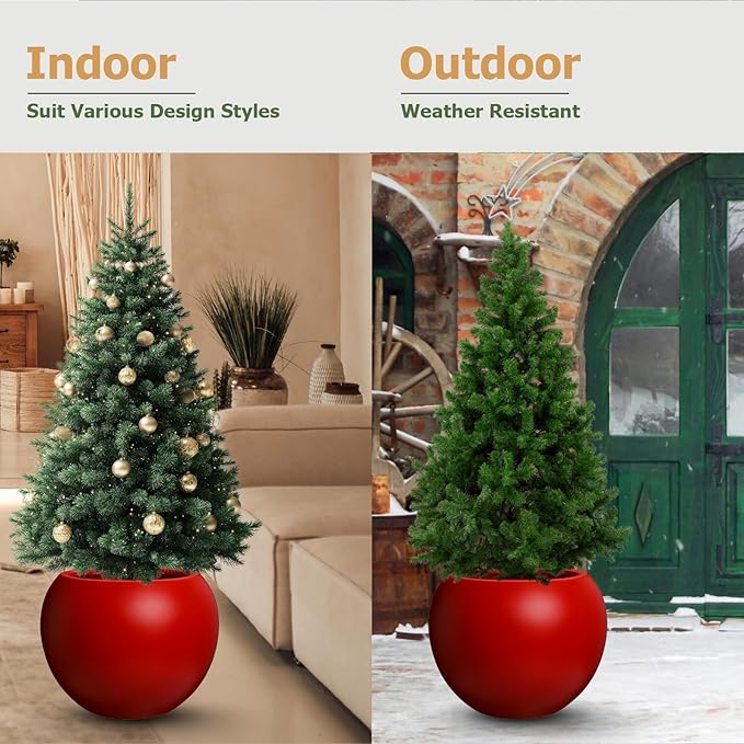 9.7" H x 12" D Globo Fiberstone Round Planter - Christmas Tree Planter, Smooth Finish, Weather Resistant for Indoor & Outdoor Use, Included 2 Extra Coco Mats (Red, 7.8" Pot Opening)