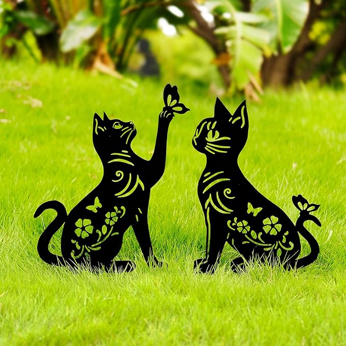 Cat Metal Decor for Outside,Garden Stakes Decorative Cat Gifts for Women/Men,Black Silhouette Statues for Yard Ornaments,Lawn, Patio, Pathway,Outdoor Garden Decor