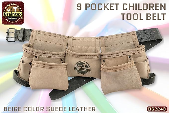 Graintex DS2243 :: 9 Pocket Children Tool Belt Beige Color Suede Leather, Kids Real Tool Belt, Boys and Girls Tool Apron for Home Improvement, 1.1/2" Leather Belt, Hammer Loops
