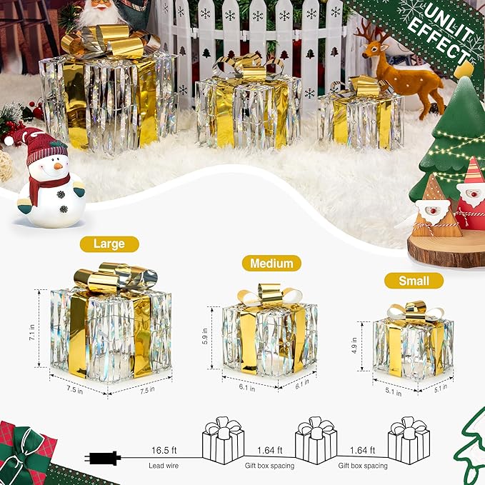 Set of 3 Christmas Lighted Gift Boxes,Outdoor Indoor Christmas Decorations,Plug-in 65 LED Light Up Present Boxes for Christmas Trees Indoor Outdoor Home Yard Lawn Holiday Birthday Party Decor