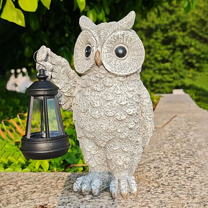 GUANFU Garden Statues, owl Outdoor Figurines Decorated with Solar Lights, Unique Christmas Birthday Gifts for Moms, Grandmas, Women, Wives, Sisters (Grey Owl1)