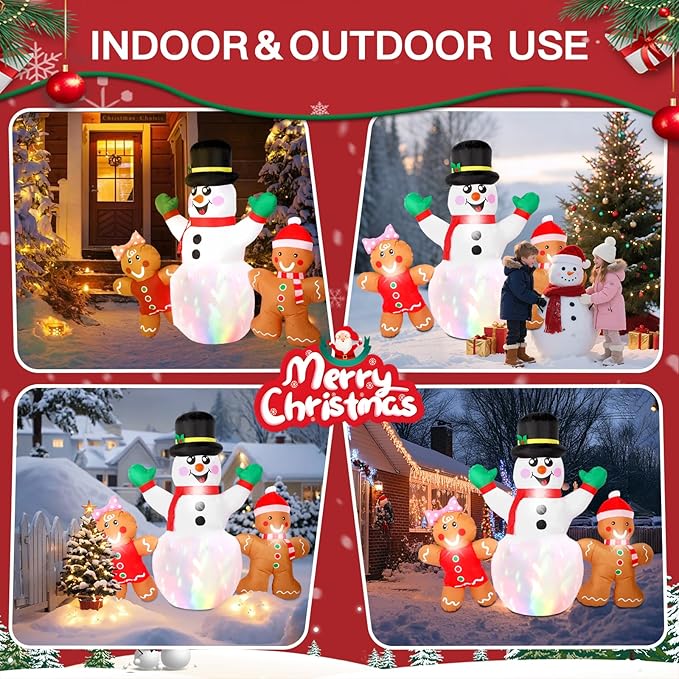 6FT Christmas Inflatables Decorations Outdoor,Blow Up Christmas Snowmen and Gingerbread Men with Built-in LEDs Lights for Indoor Holiday Party Yard Garden Lawn Décor