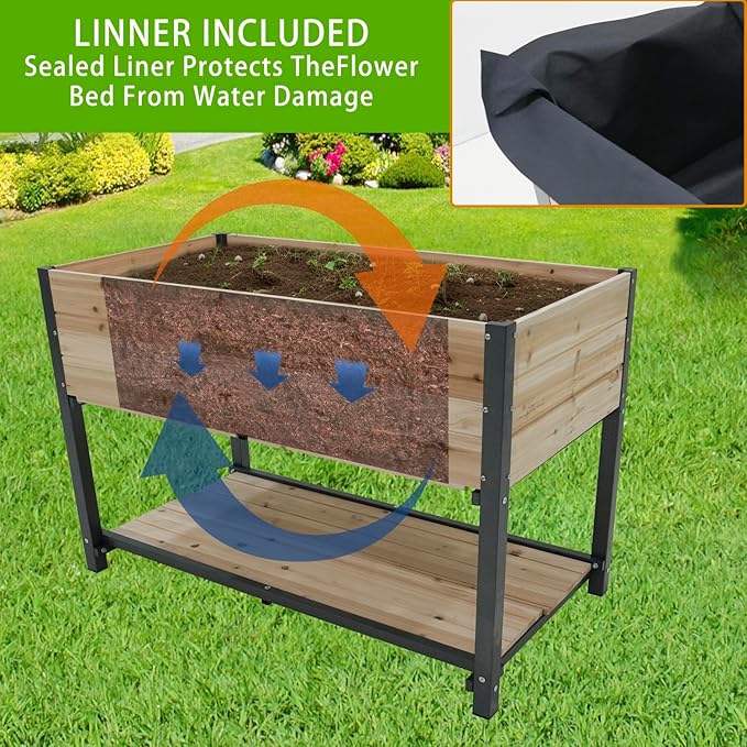 Raised Garden Planter Box with Storage Shelf, 45 inch Elevated Wood Planting Bed, Metal Frame