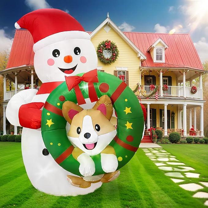 6FT Inflatable Outdoor Decorations, Christmas Blow Ups Snowman Decor with Corgi on The Wreath, Yard Decorations with LED for Outside Indoor Holiday Party Lawn