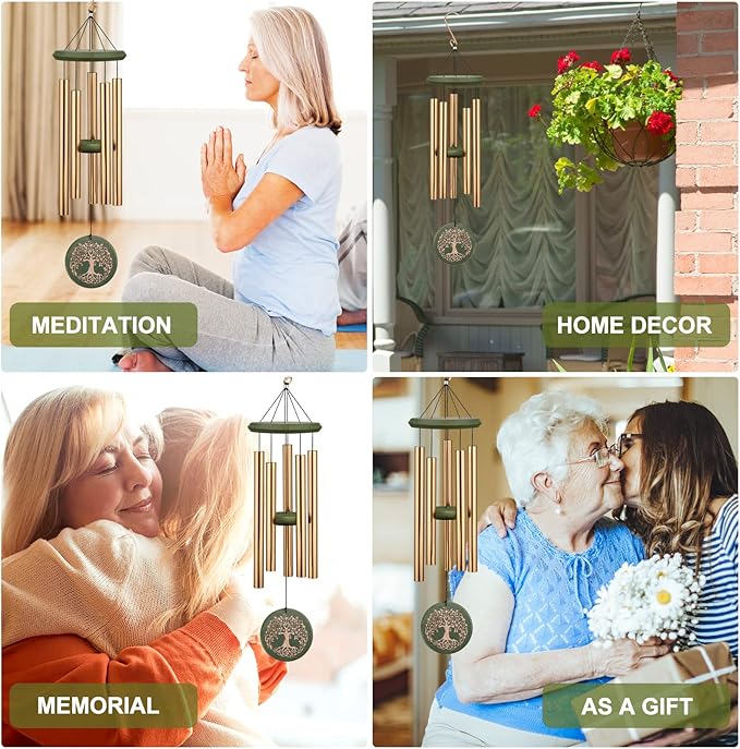 Wind Chimes for Outside Engraved Tree of Life 36 Large Deep Tone Wind Chime, Memorial Sympathy Gift Wind Chimes for Loved One Or Home Garden Patio Backyard Hanging Decor, Gold.
