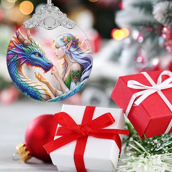 Enchanted Elf & Dragon Christmas Ornament - Stained Glass Hanging Decor - Tree Decoration - Gift for Friends, Sisters