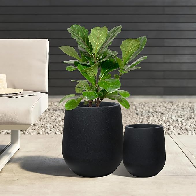 11.8" H Resin Tall Planters for Outdoor Plants, Modern Black Round Tapered Plastic Flower Pot for Outdoor and Indoor Plants, Large Plant Pot with Drainage Holes and Rubber Plug for Home Garden Patio