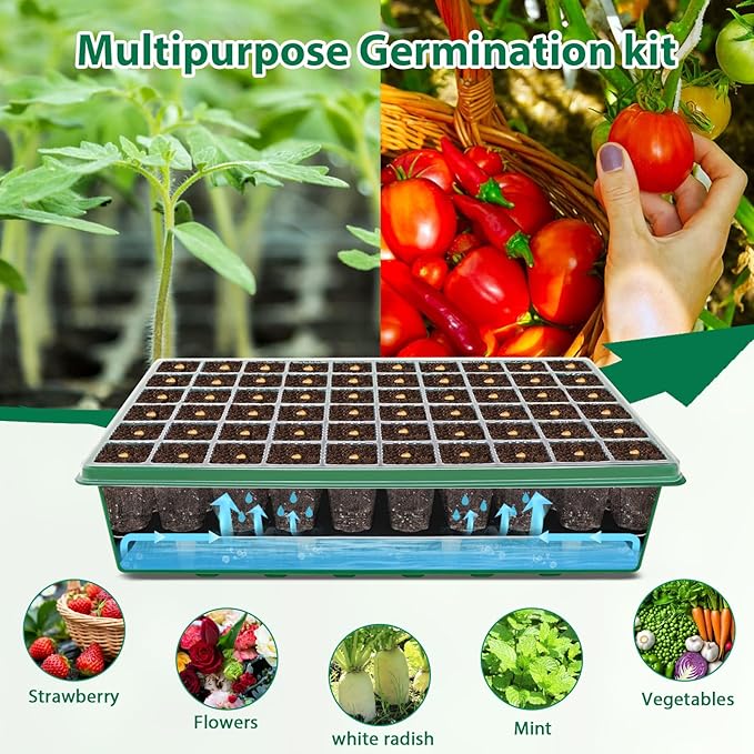 2 Packs Seed Starter Tray, 120-Cell Self-Watering Seed Starter Kit with Grow Light and 4.07” Humidity Dome, Indoor Plant Starter Trays for Seed Germination & Gardening Supplies