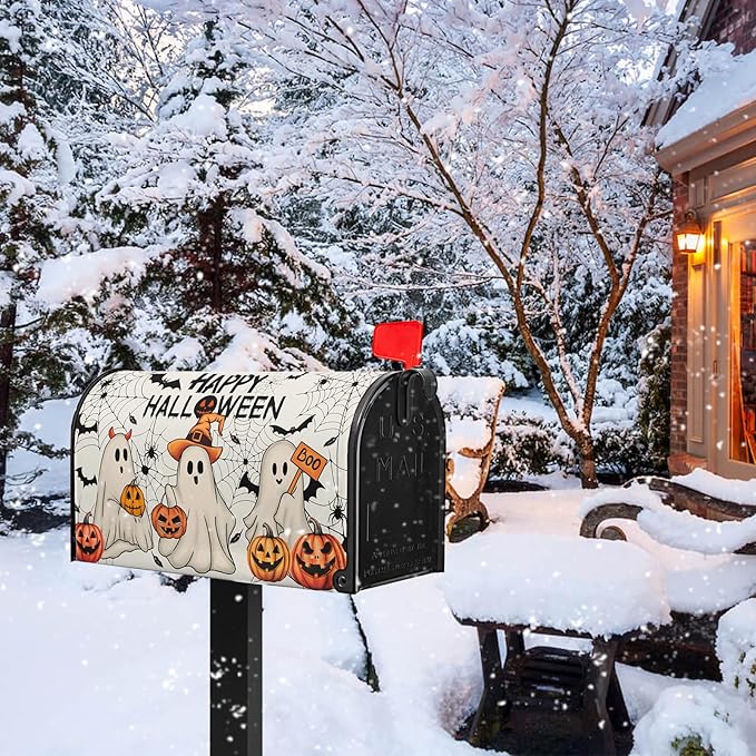 Happy Halloween Mailbox Covers Magnetic Boo Ghost Mail Box Cover Pumpkin Mailbox Wraps Magnetic Standard Size 21x18 inch for Outside Garden Yard Spider Web Bat