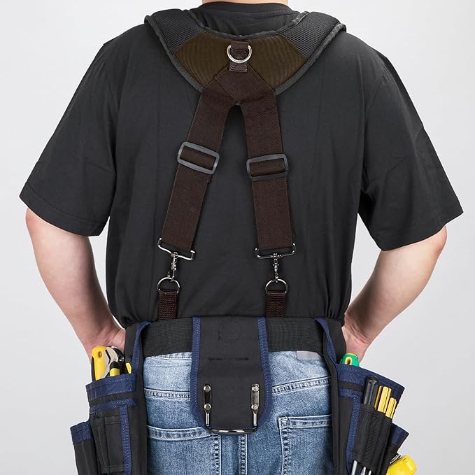 Tool Belt Suspenders for Men, Adjustable Padded Carpenter Tool Belt with Magnetic WristBand Multifunctional Pouch Pocket for Construction Workers (Brown)
