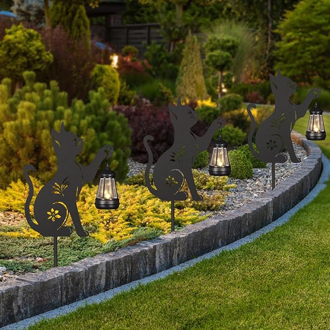 2Pack Solar Outdoor Garden Lights Stakes Solar Metal Cat Lawn Deco Statue Black Cat Patio Garden Decorative Stakes with Solar Lantern Christmas Birthday Gifts for Women Mom and Grandma