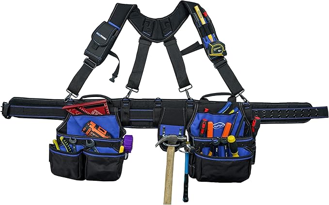 MELOTOUGH Pro Framer's Combo System Apron Tool Pouch Tool Belt with Suspenders Builder Heavy Duty Carpenter Suspension Rig Tool Belt and Multi Function (Blue)…