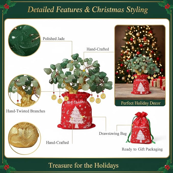 Money Tree – Feng Shui Love & Wealth Golden Bag Bonsai Lucky Gemstone Home Office Decor (14cm Height) (Green Gift)