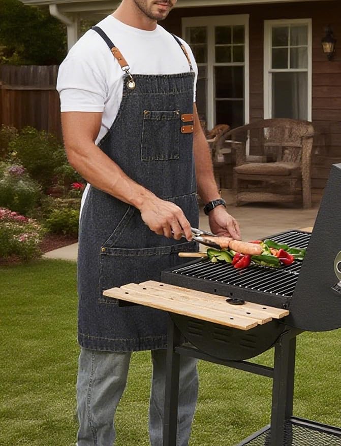 Denim Bbq Apron for Men Women with Pockets Adjustable Cross Back Chef Aprons for Kitchen Cooking Grilling Working