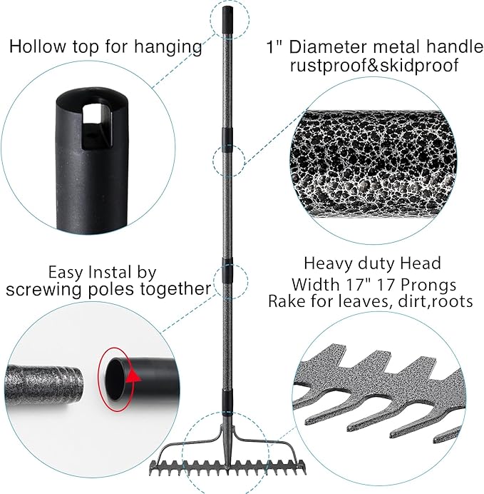 Bow Rakes for Lawns, 17 Prongs 17" Wide Heavy Duty Metal Garden Rake Long Handle 50", Adjustable Rock Yard Thatch Rake for Leaves Gardening Loosening Soil Mulch Gathering Leaf