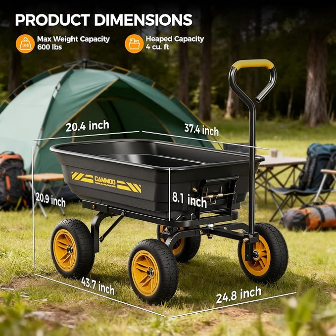 10-in NO-FLAT TIRES 600lb Heavy-Duty Garden Dump Cart 4 Cu.Ft. Utility Wagon with Quick-Release Dumping & Prime Grade 100% Virgin Polypropylene - Not Recycled Material for Landscaping Gardening