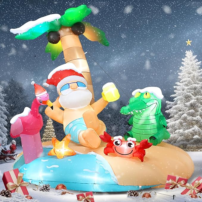 7.2FT Christmas Inflatables, Blow Up Inflatable Christmas Outdoor Decorations, Hawaiian Santa Island with LED Lights & Air Blower for Xmas Navidad Yard, Lawn Holiday Décor (7.2 x 6.6 x 5.5FT)