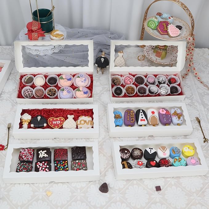 24pcs 12x5x1.5Inches White Bakery Boxes with Window Cookies Boxes Chocolate Truffle Boxes Cakesickle Boxes Macaron Boxes Browines Treat Boxes for Christmas Valentine's Easter Mother's Day