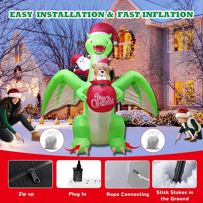 9 FT Giant Dinosaur Christmas Inflatable Decorations,with LED Lights - Santa Riding Dinosaur Christmas, Heavy-Duty Blower for Indoor/Outdoor Holiday Party Decor Weatherproof, Eye-Catching Xmas Display