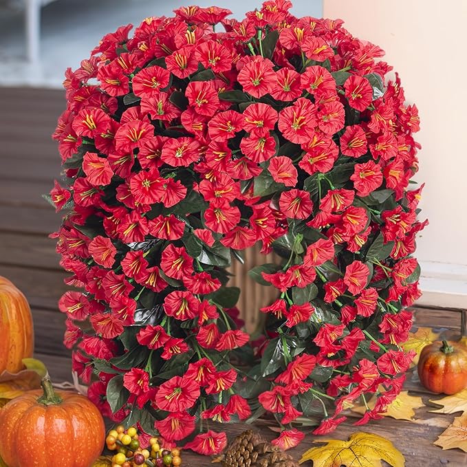 Artificial Faux Hanging Flowers Plants for Winter Christmas Outdoor Outside Decor, 2 PCS Fake Silk Red Morning Glory Long Vines UV Resistant Realistic for Home Porch Patio Balcony Planter Decoration
