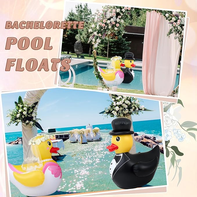 Hungdao 2 Pcs 4 ft Wedding Duck Floatie Inflatable Pool Floats Large Bride Groom Rubber Duck for Wedding Bridal Bachelorette Party Decoration Engagement Gifts (Not Include Wreath and Air Pump)
