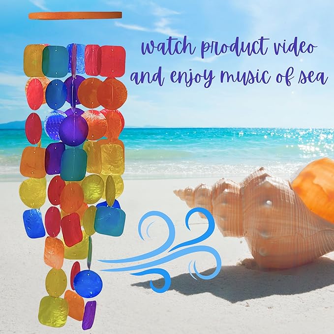 Bellaa Wind Chimes Outdoor, Garden Decorations, Musical, Indoor/Outside Windchimes, Beach, Ocean, Breeze, Gifts for Mom, Gift for All Occasions, Capiz Sea Glass Shells Wood 1 Rainbow